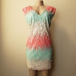 SKIES ARE BLUE Coral & Mint Sequin Dress E…